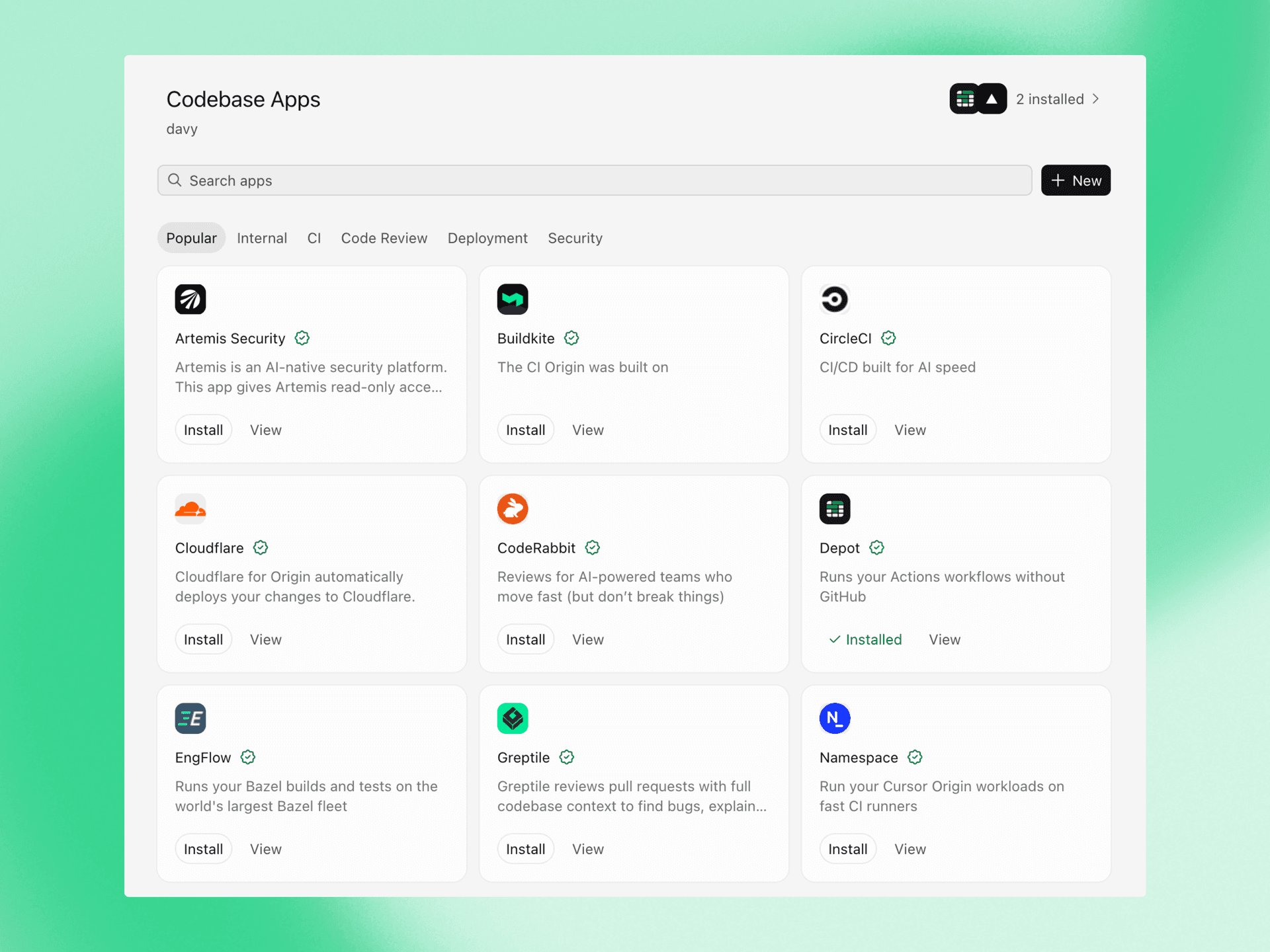 Origin App Marketplace listing apps across deployments, CI, code review, security, monitoring, and project management