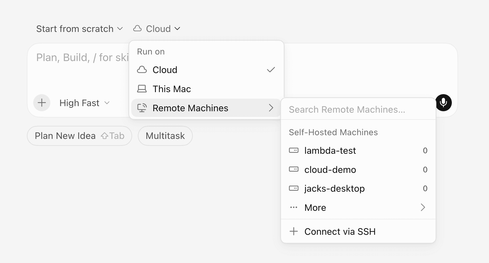 Run on menu showing Remote Machines with self-hosted options lambda-test, cloud-demo, and jacks-desktop